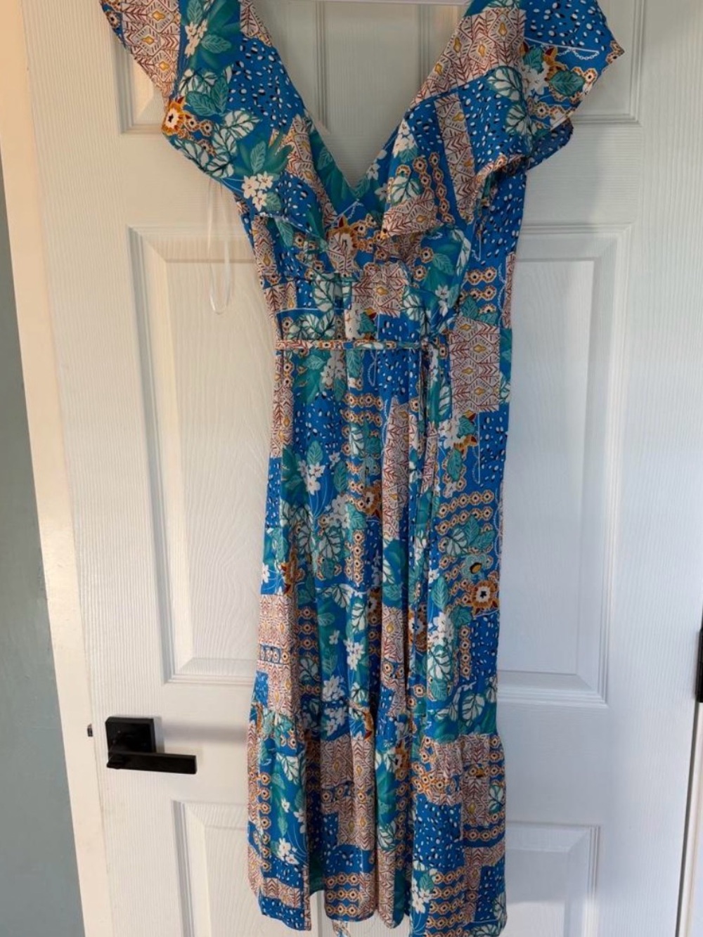 Satin Boutique Floral Blue Maxi Dress with Ruffle V-Neck